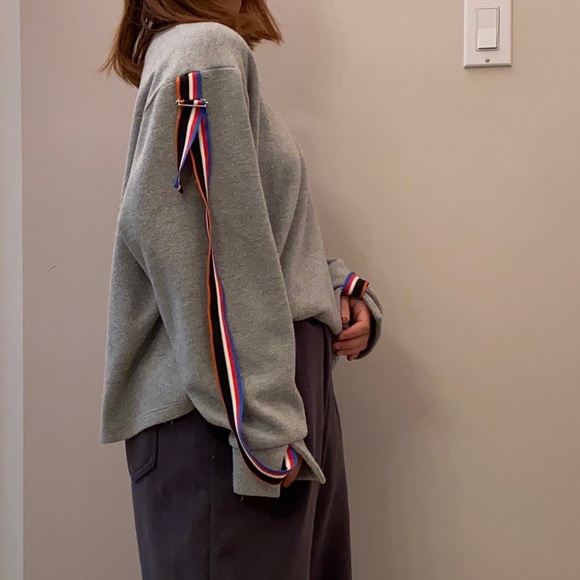 ZARA | Grey Cotton-Blend Crewneck Sweater with Striped Belts attached to Sleeves - Picture 2 of 8